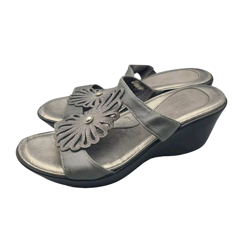 NAOT Sandals Fancy T-Strap Slides Wedge Heel Floral Gray US 9-9.5 40 New $162